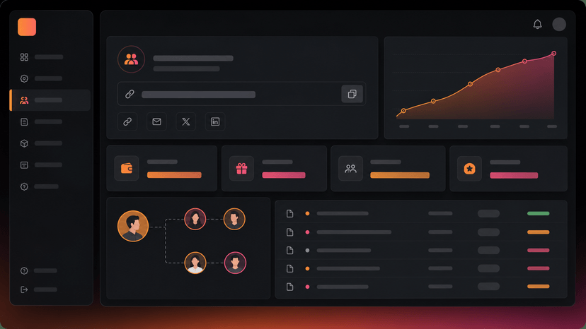 Pixel-style InsForge characters sharing a referral on an orange and pink gradient background